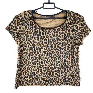 Women's Notations Brown Leopard Print Blouse Top round Neck Short Sleeve XL